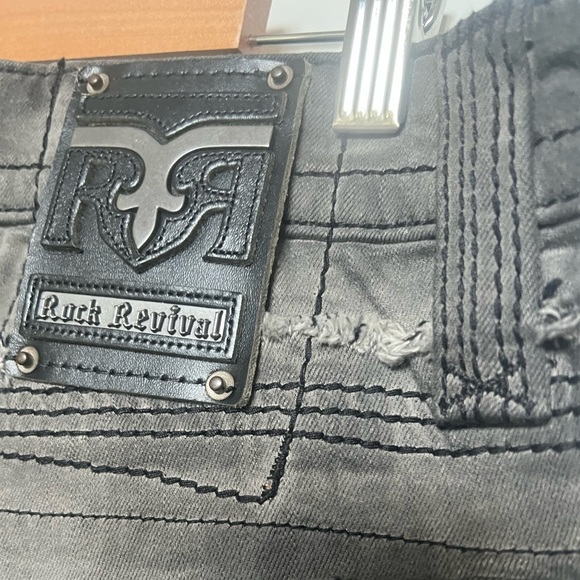 Rock Revival Armory Biker Faded Gray Distressed Embellished Jeans - Picture 8 of 17